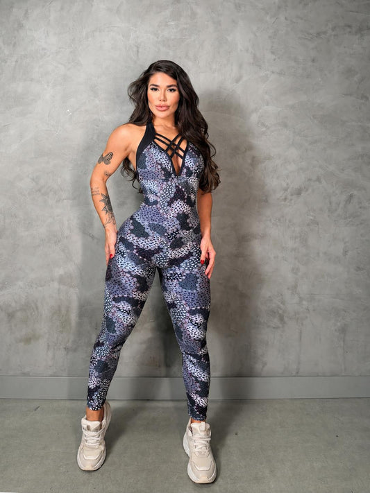 SCRUNCH BOOTY GRAY PRINT SEXY BACK MARTA JUMPSUIT, NO RETURN