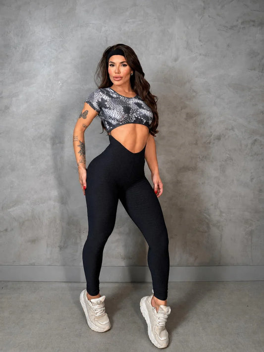 SCRUNCH BOOTY BLACK WAVE AND GRAY PAINT PAULA JUMPSUIT, NO RETURN