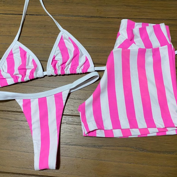 STRIPED PINK AND WITE THONG BIKINI SET - 3 PARTS (NO RETURN)