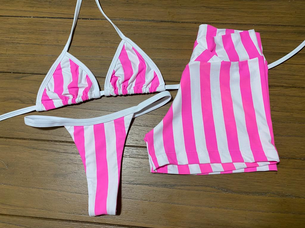 STRIPED PINK AND WITE THONG BIKINI SET - 3 PARTS (NO RETURN)