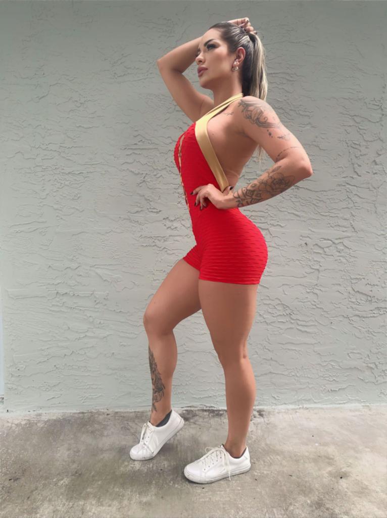 SCRUNCH BOOTY RED AND GOLD WAVE SHORTS JUMPSUIT