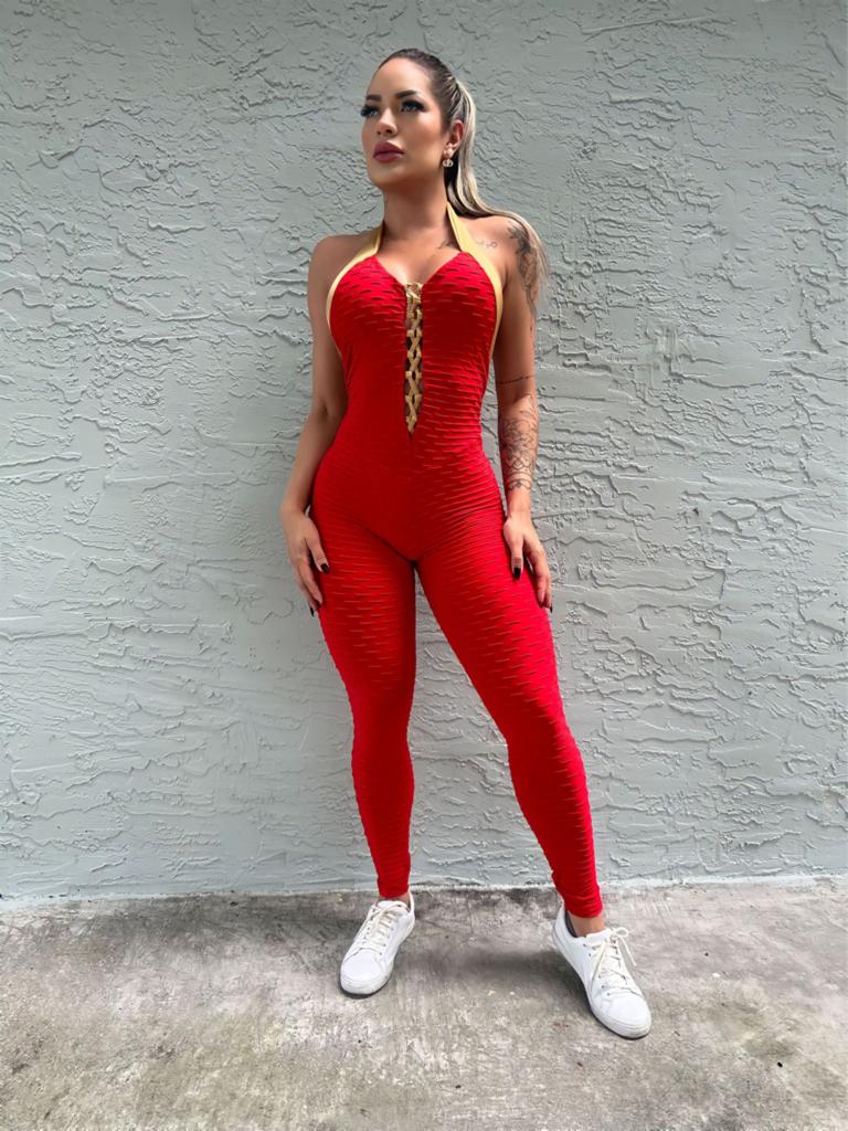SCRUNCH BOOTY RED AND GOLD WAVE LONG JUMPSUIT