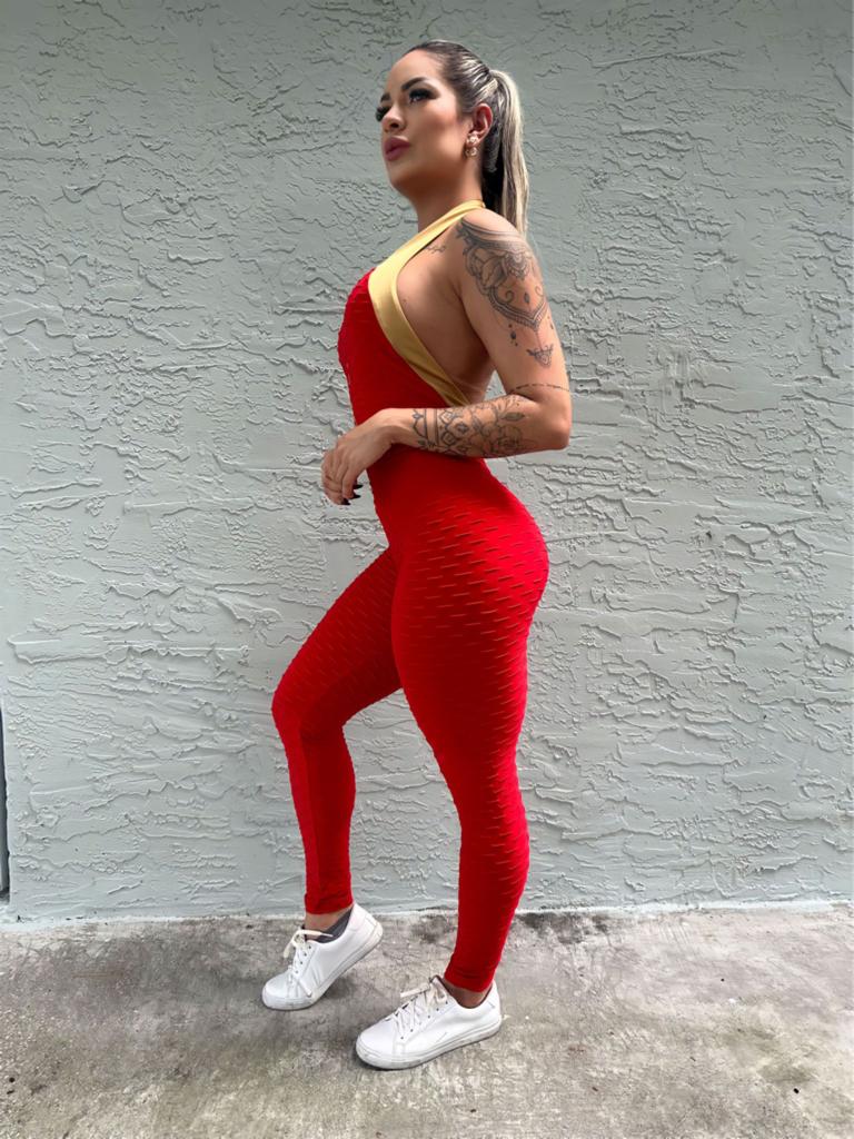 SCRUNCH BOOTY RED AND GOLD WAVE LONG JUMPSUIT