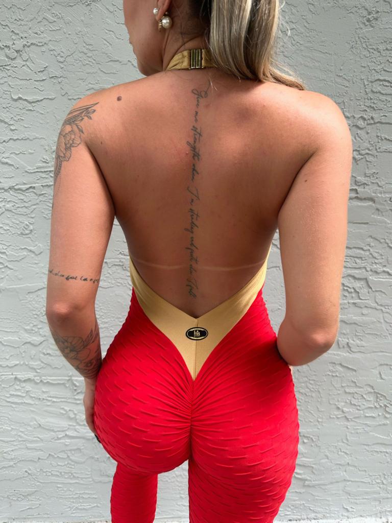 SCRUNCH BOOTY RED AND GOLD WAVE LONG JUMPSUIT