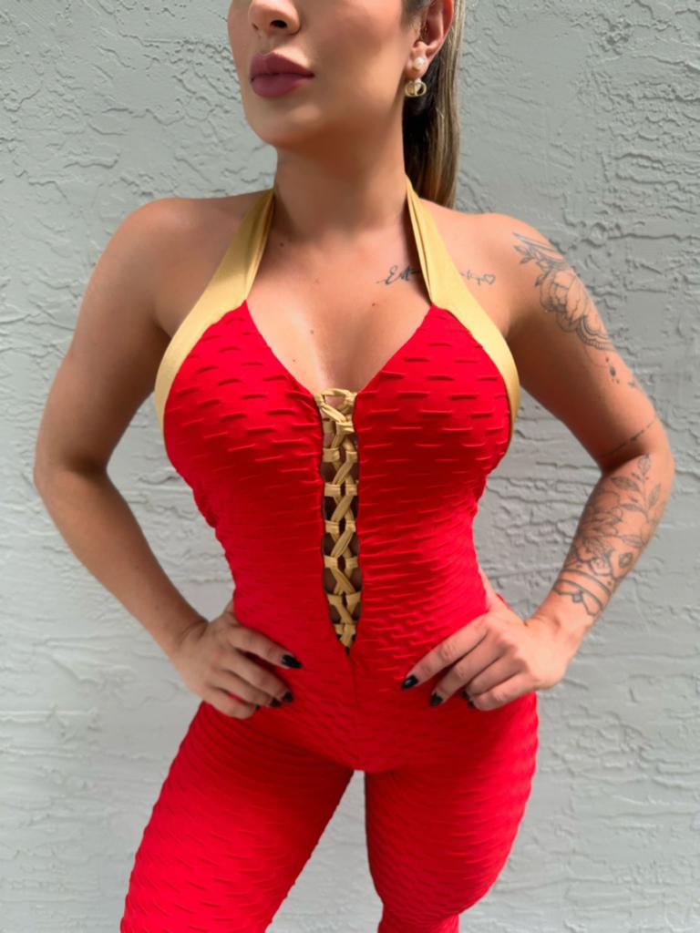 SCRUNCH BOOTY RED AND GOLD WAVE LONG JUMPSUIT