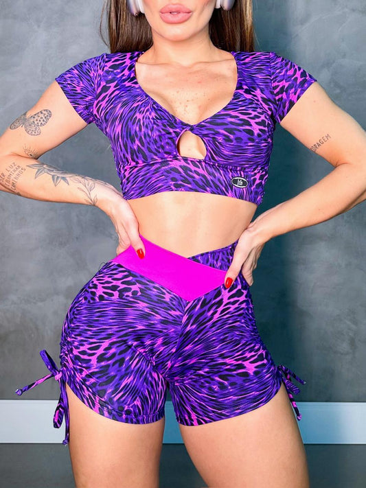 SCRUNCH BOOTY PURPLE PRINT AND PINK DETAIL LACE SHORTS