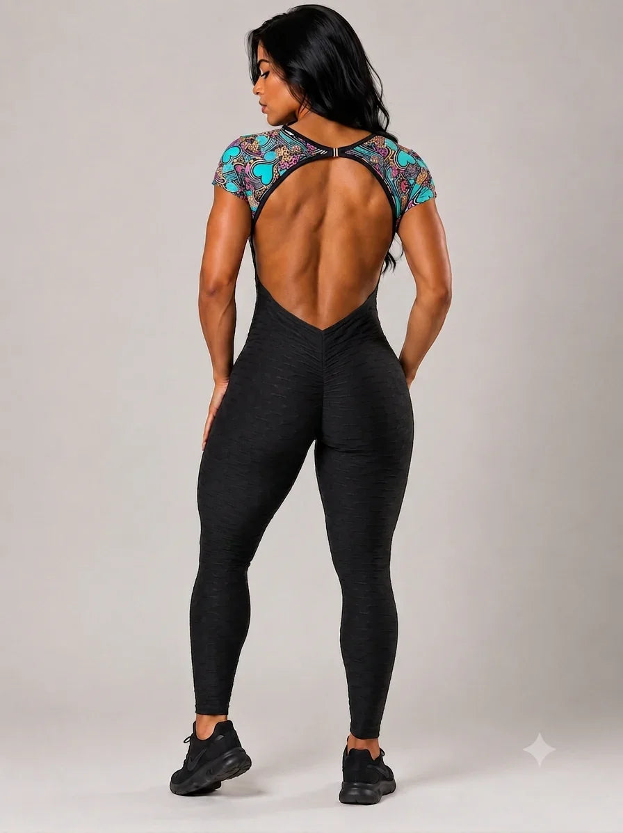 SCRUNCH BOOTY BLACK WAVE AND PINK HEARTS RINGS LEOPARD JUMPSUIT