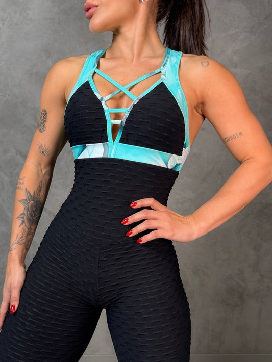 SCRUNCH BOOTY BLACK WAVE AND GREEN PRINT DETAIL JUMPSUIT,NO RETURN