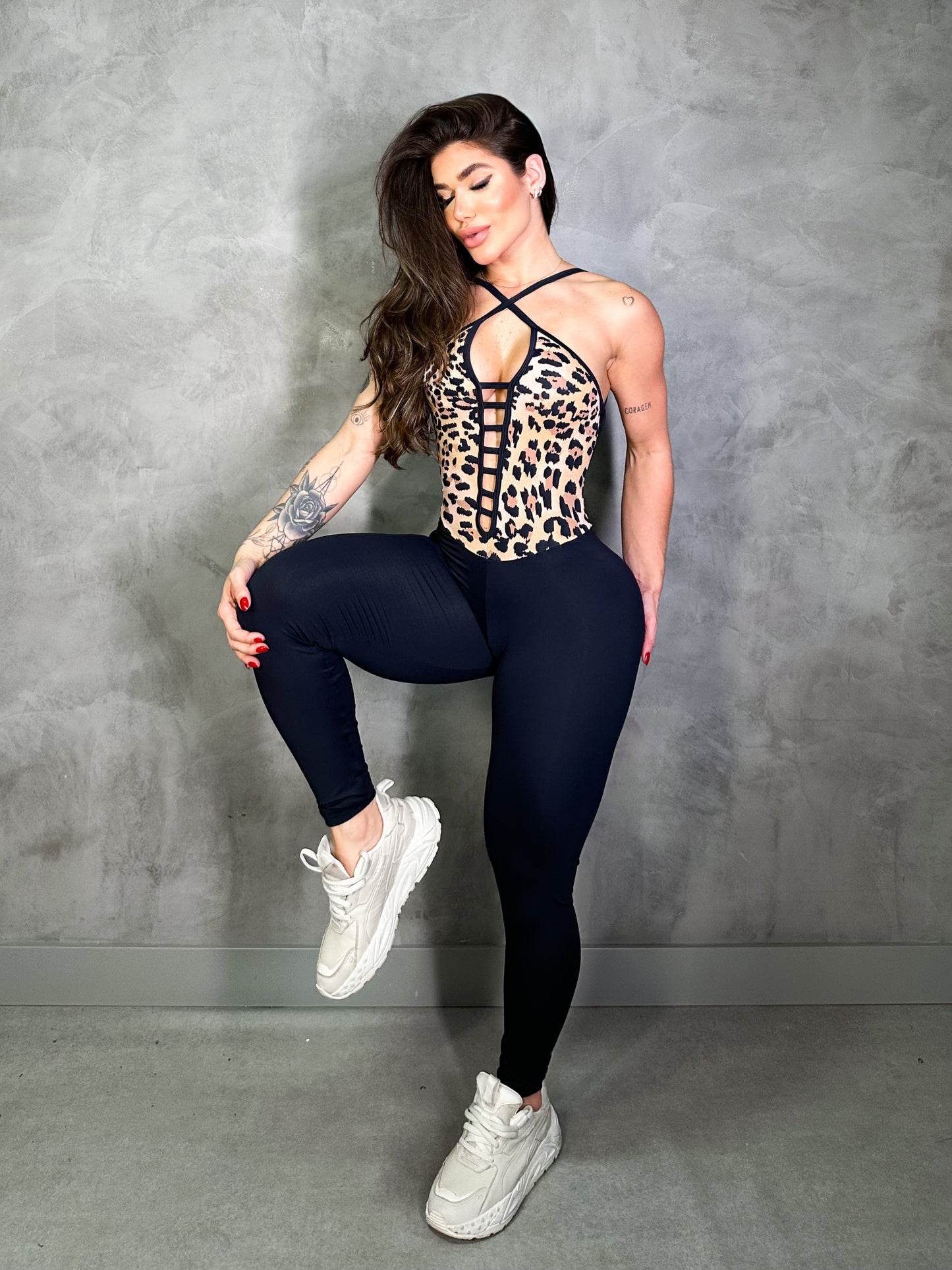 SCRUNCH BOOTY BLACK WAVE AND BROWN LEOPARD DETAIL JUMPSUIT