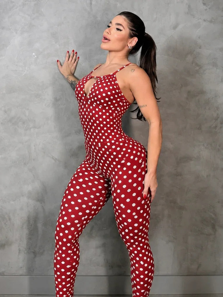 SCRUNCH BOOTY RED POLK DOTS GABBY JUMPSUIT, NO RETURN