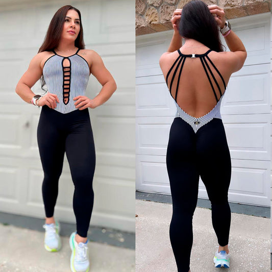 SCRUNCH BOOTY BLACK AND STRIPED DETAIL JUMPSUIT NO RETURN
