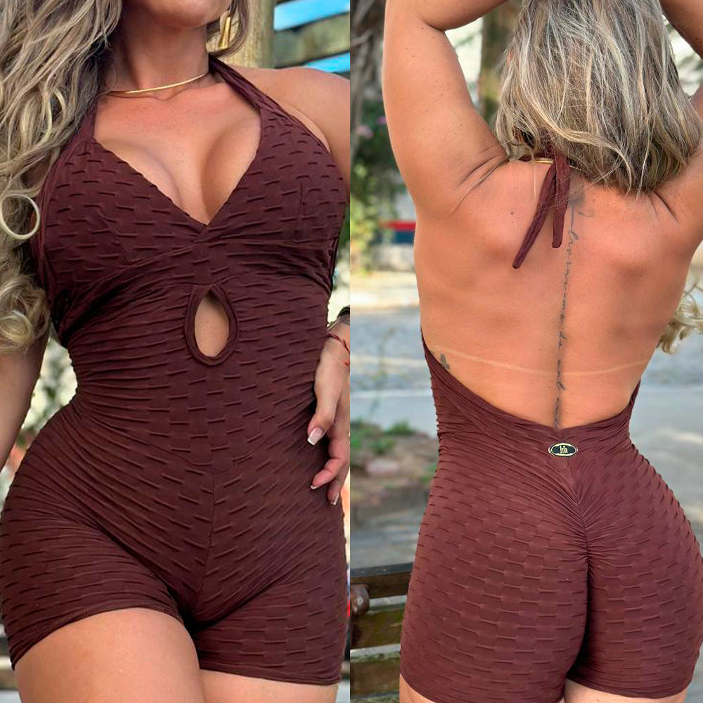 SCRUNCH BOOTY BROWN WAVE SEXY BACK SHORT JUMPSUIT Iris Fitness Online