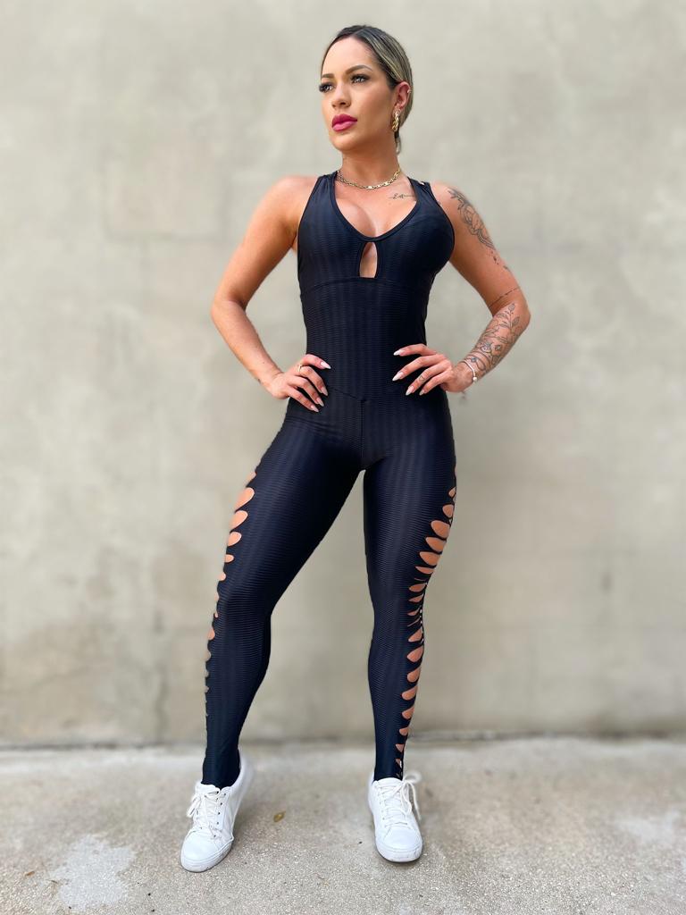 SCRUNCH BOOTY IKAT RIPPED BLACK JUMPSUIT