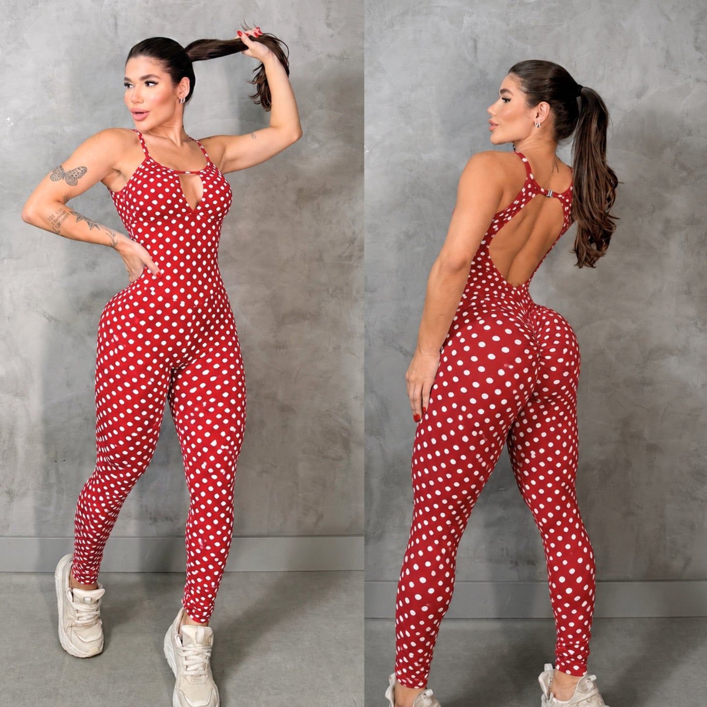 SCRUNCH BOOTY RED POLK DOTS GABBY JUMPSUIT, NO RETURN