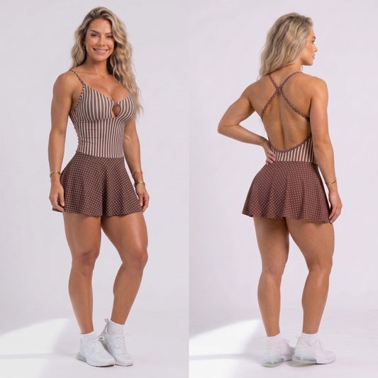 BROWN POLK DOTS AND STRIPES SHORTS DRESS JUMPSUIT - NO RETURN