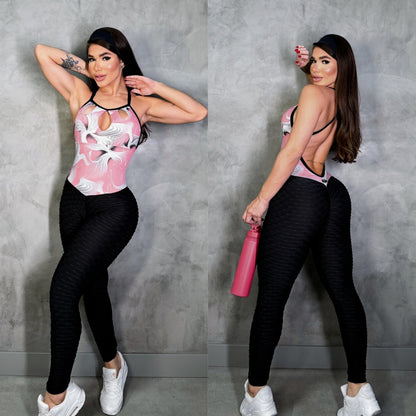 SCRUNCH BOOTY BLACK WAVE AND LIGHT PINK DETAIL JUMPSUIT
