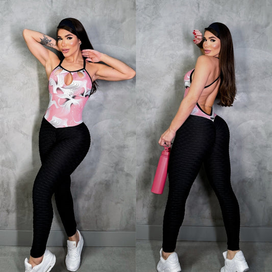 SCRUNCH BOOTY BLACK WAVE AND LIGHT PINK DETAIL JUMPSUIT