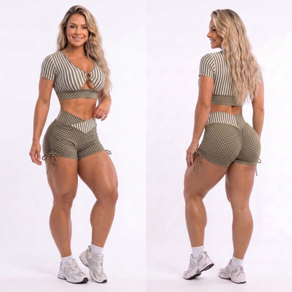 Scrunch Booty Green Polk Dots and Stripes Detail Shorts - NO RETURN