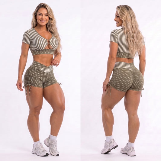 Scrunch Booty Green Polk Dots and Stripes Detail Shorts - NO RETURN