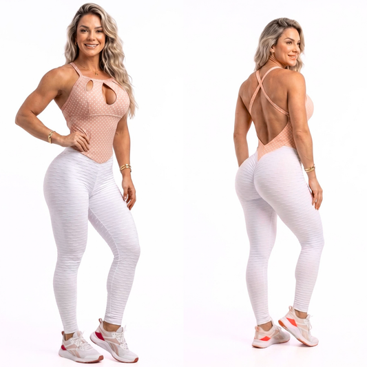 SCRUNCH BOOTY WHITE WAVE AND ROSE POLK DOTS JUMPSUIT - NO RETURN