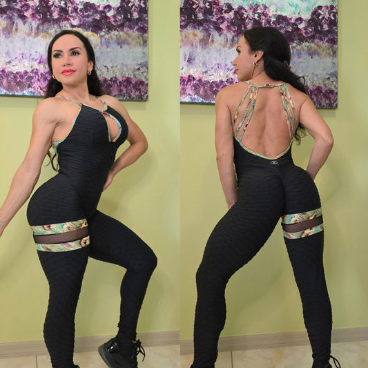 SCRUNCH BOOTY BLACK WAVE AND YELLOW PRINT DETAIL JUMPSUIT, NO RETURN