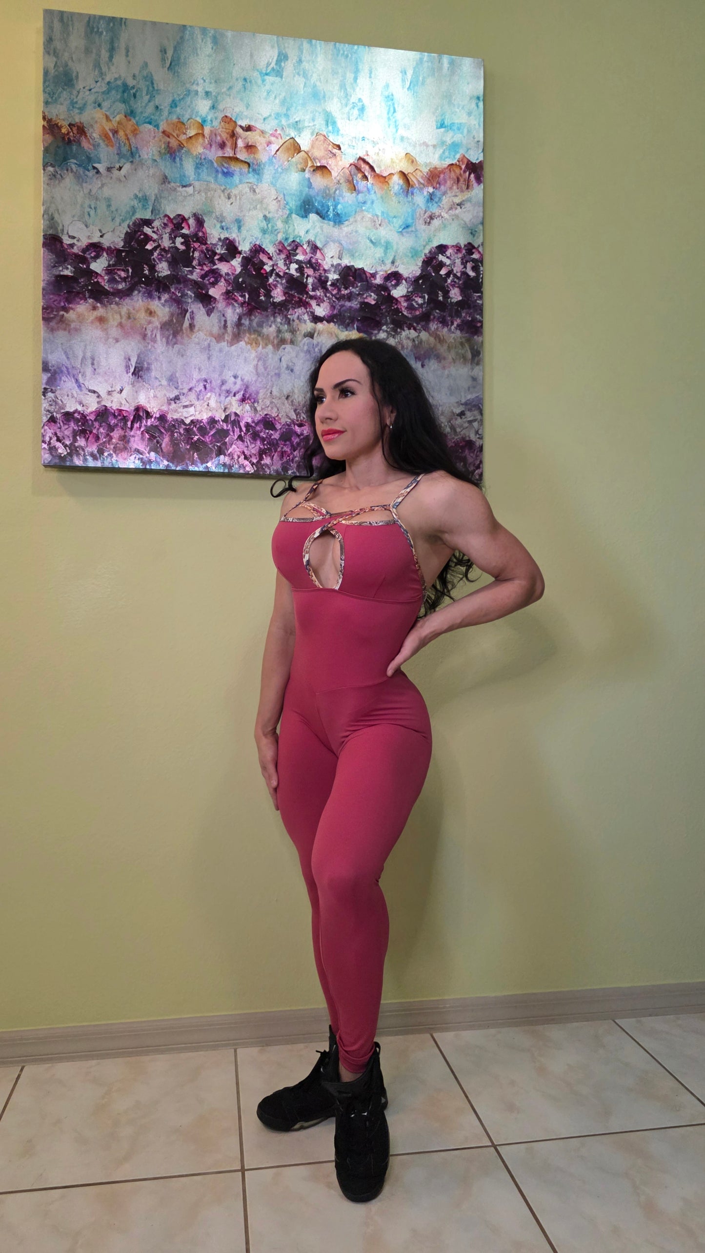 SCRUNCH BOOTY BURGUNDY AND BEIJE SNAKE DETAIL JUMPSUIT, NO RETURN