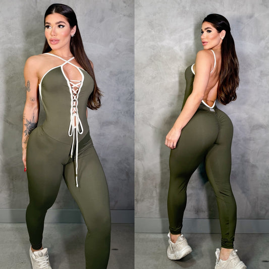 SCRUNCH BOOTY DARK GREEN AND BEIJE DETAIL JUMPSUIT