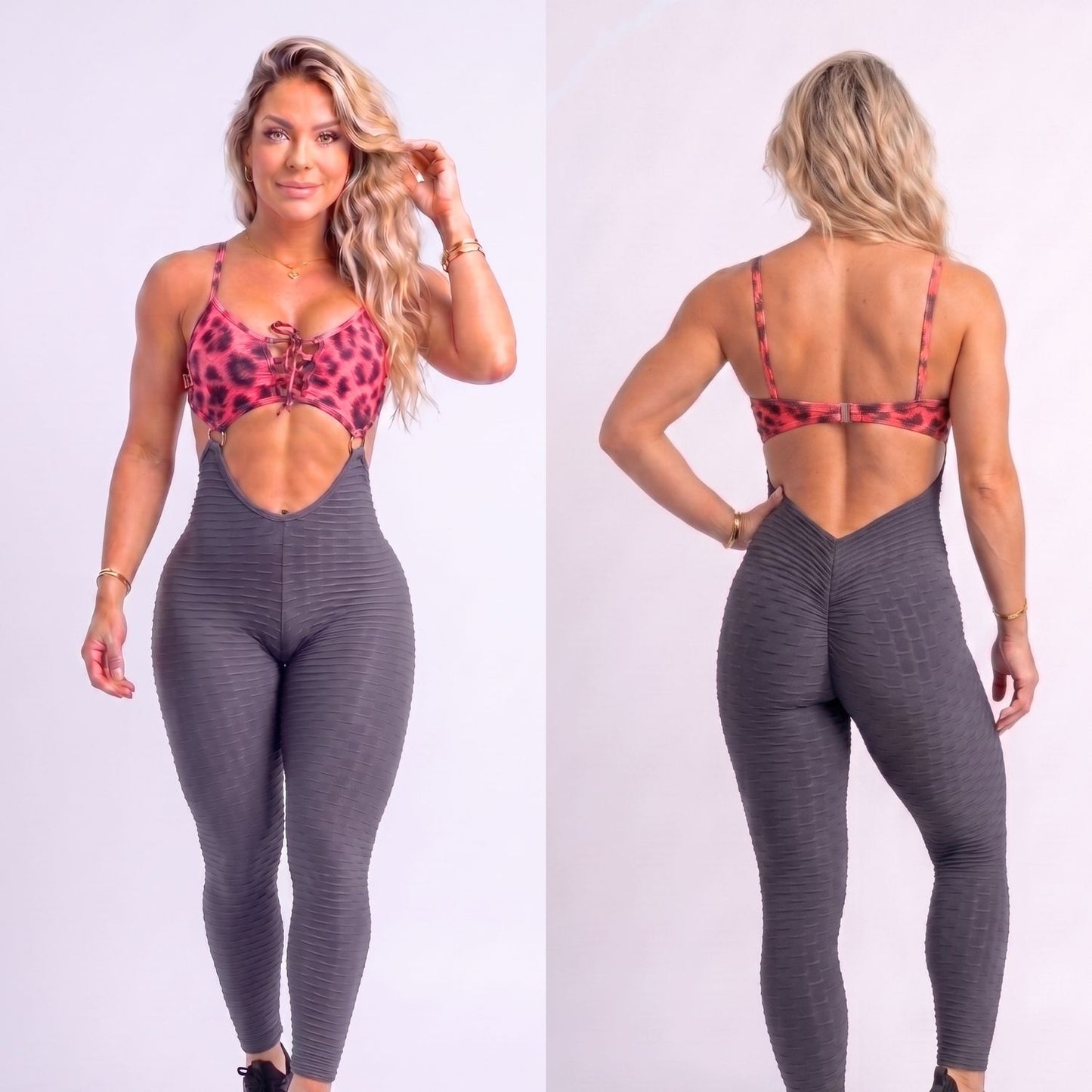 SCRUNCH BOOTY GRAY AND RED LEOPARD RINGS JUMPSUIT