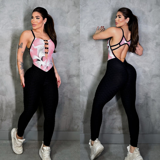 SCRUNCH BOOTY BLACK WAVE AND PINK PRINT DETAIL JUMPSUIT