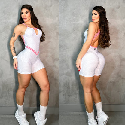 SCRUNCH BOOTY WHITE WAVE AND PINK POLKA DOTS DETAIL SHORTS JUMPSUIT