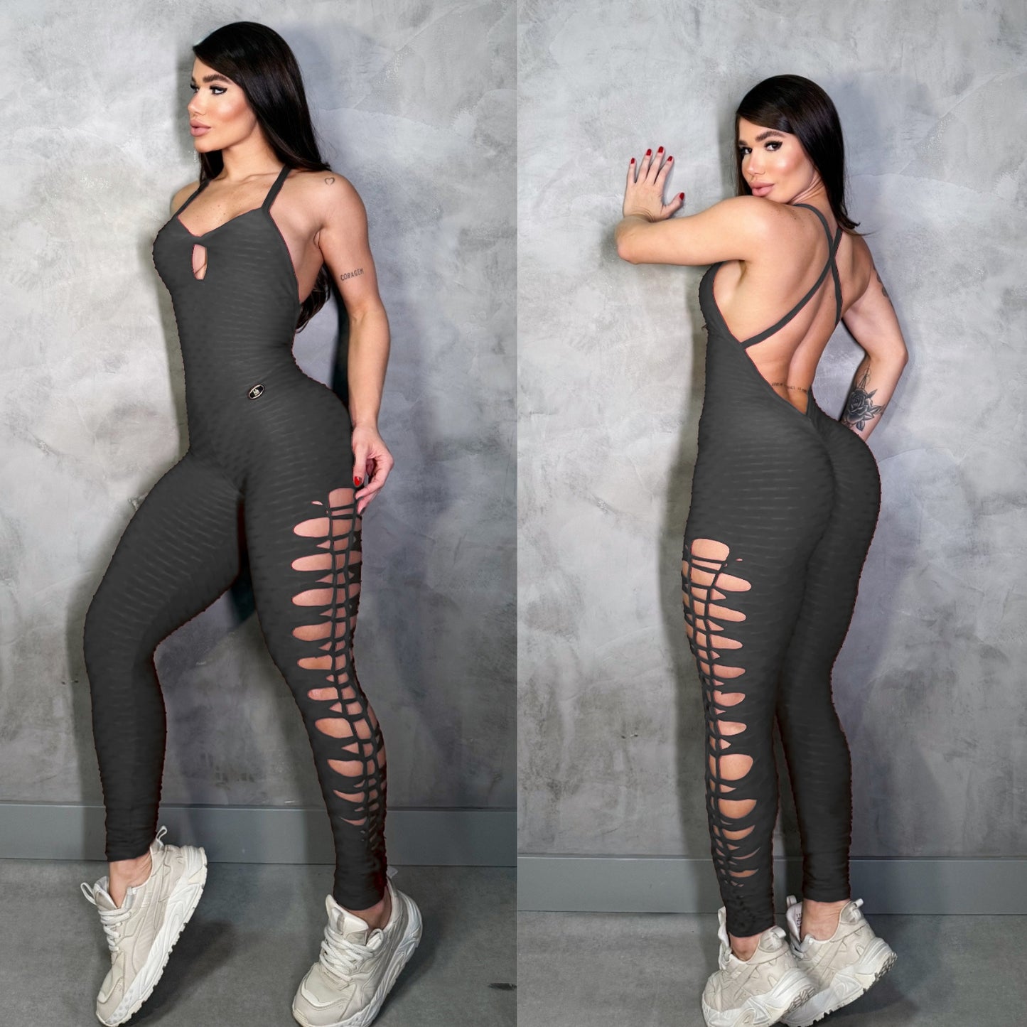 SCRUNCH BOOTY GRAY WAVE RIPPED JUMPSUIT, NO RETURN