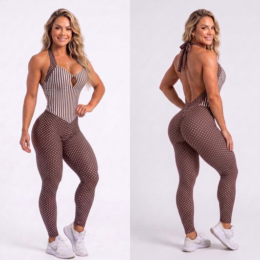 SCRUNCH BOOTY BROWN AND STRIPES SEXY BACK JUMPSUIT - NO RETURN