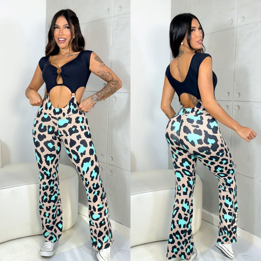 BEIJE AND GREEN FLARE RINGS JUMPSUIT