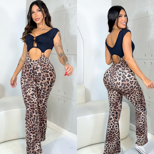 BROWN AND BLACK FLARE JUMPSUIT