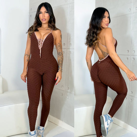 BROWN AND ROSE DETAIL JUMPSUIT