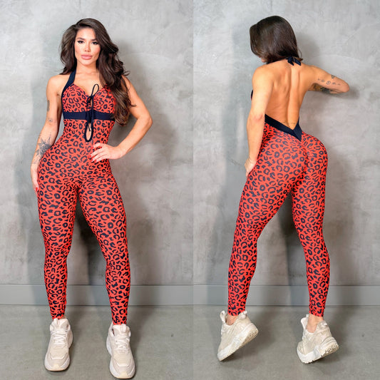 SCRUNCH BOOTY RED LEOPARD AND BLACK DETAIL SEX BACK JUMPSUIT, NO RETURN