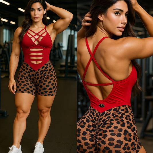 SCRUNCH BOOTY BROWN AND RED LEOPARD RIPPED SHORT JUMPSUIT