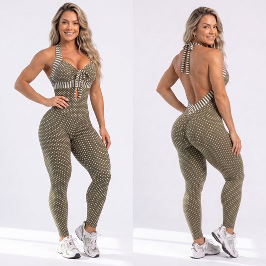 Green Polk Dots and Stripes Detail Jumpsuit - NO RETURN