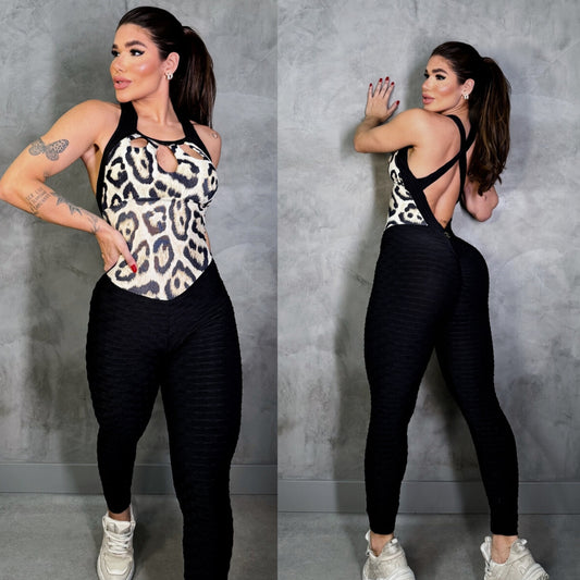 SCRUNCH BOOTY BLACK WAVE AND BEIGE LEOPARD JUMPSUIT