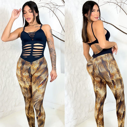 SCRUNCH BOOTY GOLD PRINT AND BLACK JUMPSUIT