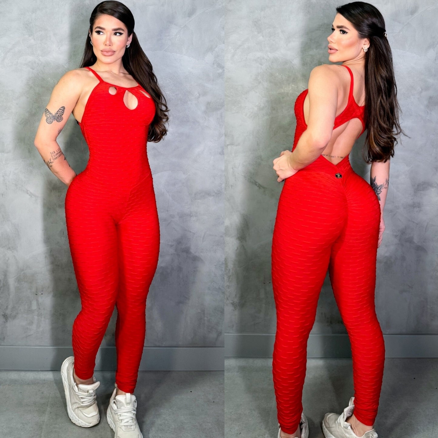 SCRUNCH BOOTY RED WAVE FRONT DETAIL JUMPSUIT