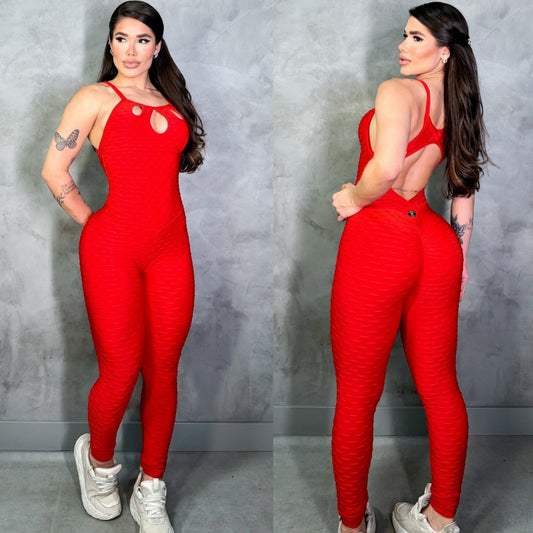 SCRUNCH BOOTY RED WAVE FRONT DETAIL JUMPSUIT
