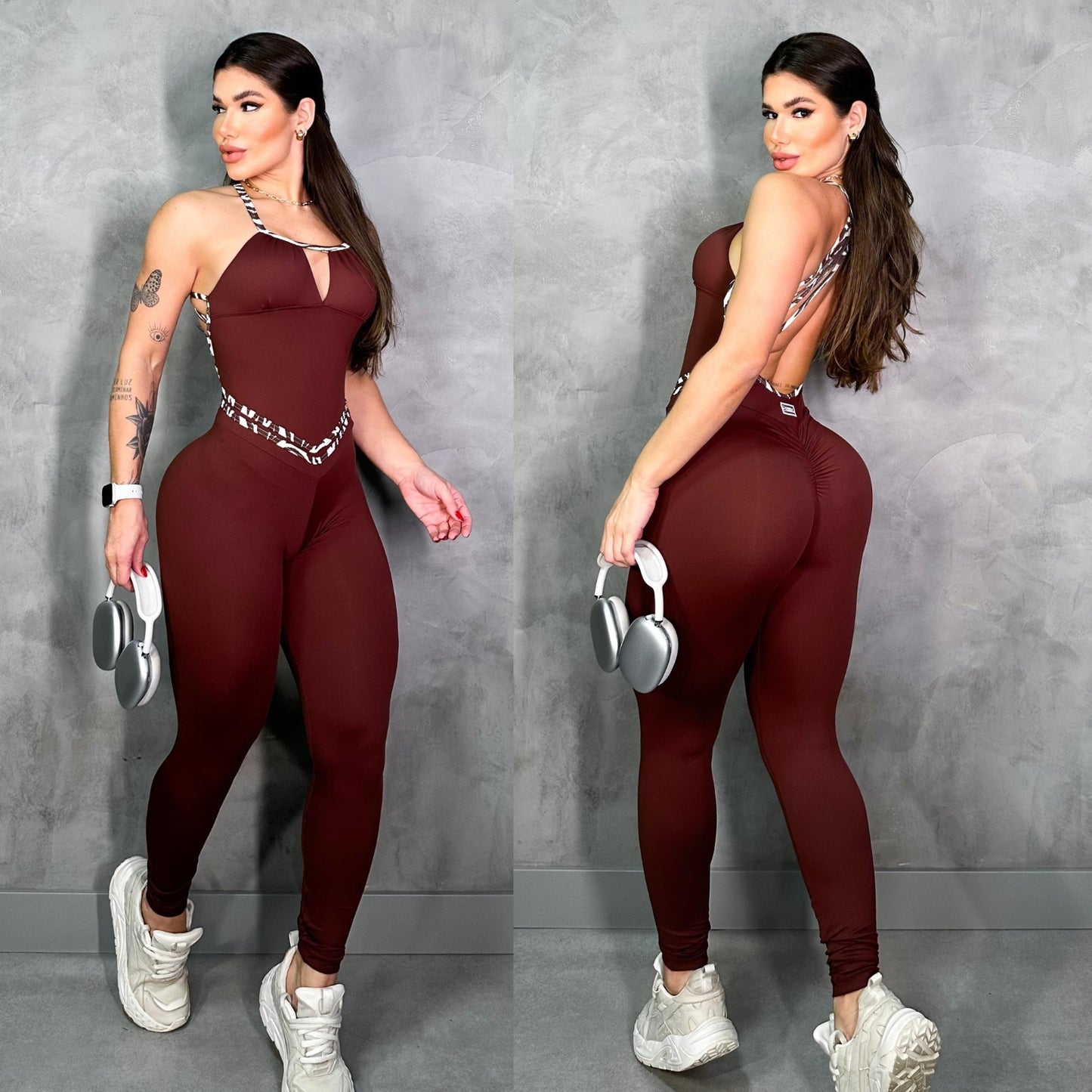 SCRUNCH BOOTY BURGUNDY AND LEOPARD DETAIL JUMPSUIT