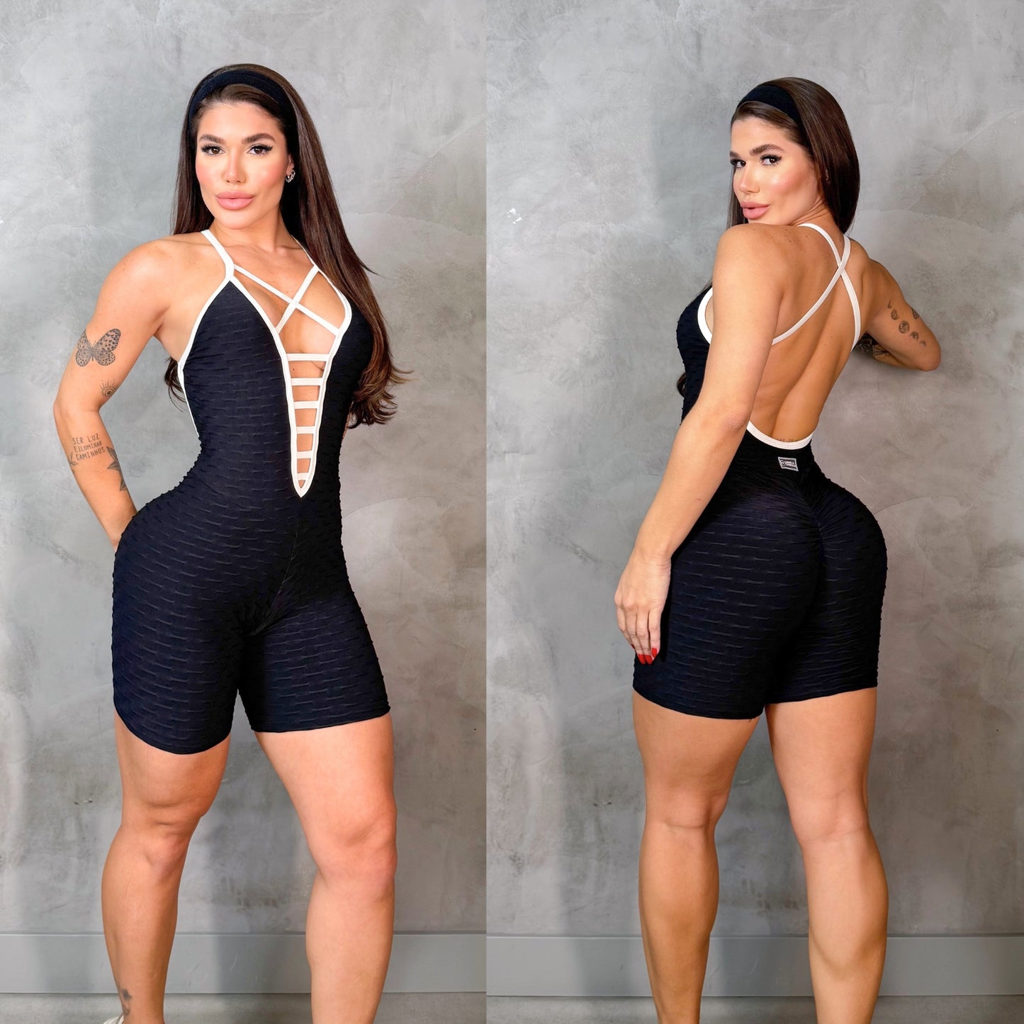 SCRUNCH BOOTY BLACK WAVE AND SILVER DETAIL SHORT JUMPSUIT, NO RETURN