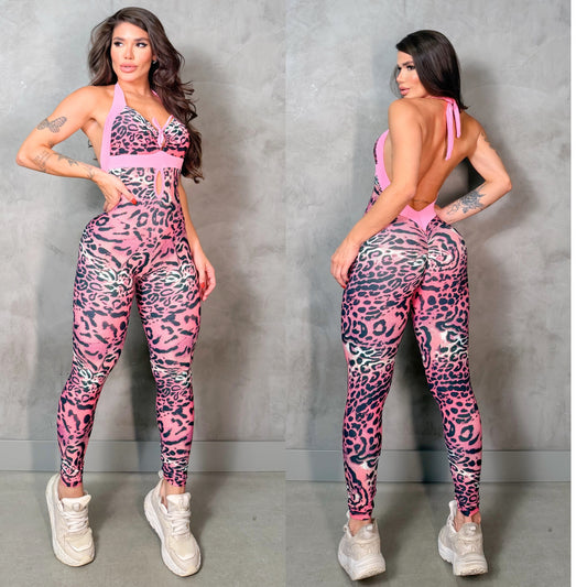 SCRUNCH BOOTY PINK LEOPARD SEXY BACK JUMPSUIT, NO RETURN