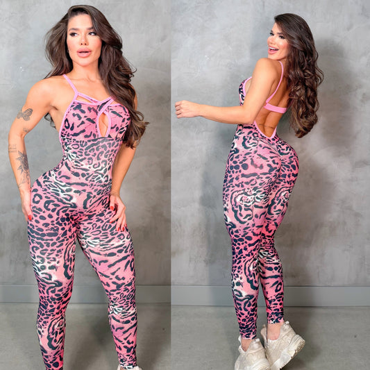 SCRUNCH BOOTY PINK LEOPARD AND FRONT DETAIL JUMPSUIT, NO RETURN