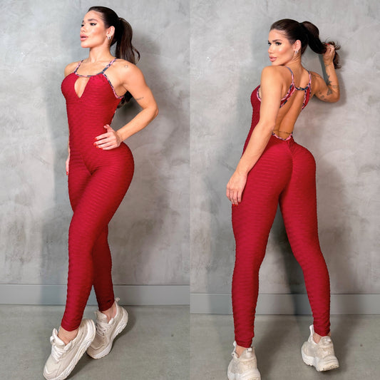 SCRUNCH BOOTY BURGUNDY WAVE AND PINK LEOPARD DETAIL JUMPSUIT, NO RETURN (Copy)