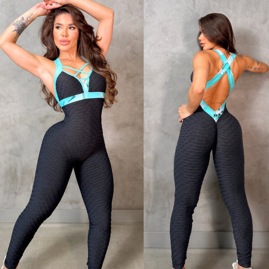 SCRUNCH BOOTY BLACK WAVE AND GREEN PRINT DETAIL JUMPSUIT,NO RETURN