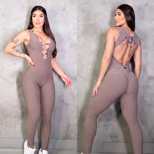 SCRUNCH BOOTY BEIJE WAVE AND BROWN SNAKE DETAIL JUMPSUIT, NO RETURN (Copy)