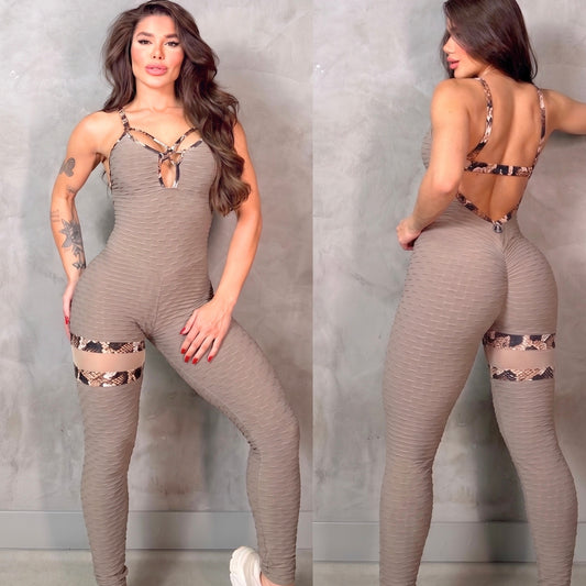 SCRUNCH BOOTY BEIJE WAVE AND BROWN AND SMASH DETAIL JUMPSUIT, NO RETURN